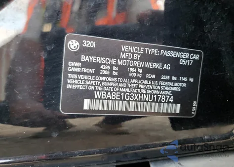 2017 BMW 320 I из США, поврежденный, VIN WBA8E1G3XHNU17874